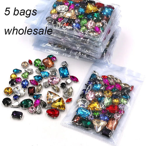Hot Sale Wholesale 5 bags mixed shape mix colors silver base sewing glass crystal rhinestones for clothing/wedding dress