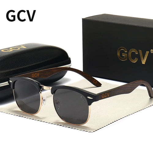 GCV手工经典潮流木质太阳镜男女偏光UV400防护半框复古眼镜派对潮品