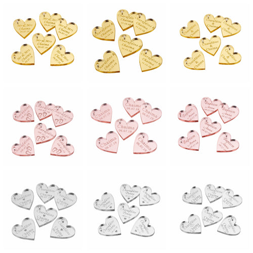 20/50/100Pcs Personalized Tag Engraved Mirror Acrylic Love Heart Wedding Hole Party Name Baby Baptism Decoration Custom Gift