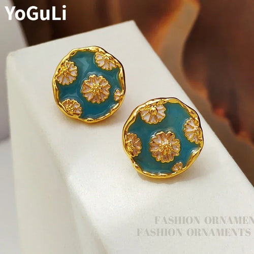 Modern Jewelry Vintage Temperament Blue Flower Stud Earrings For Women Party Gifts Simply Design Accessories 2024 Trend New