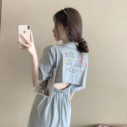 夏季露背开叉下摆中长连衣裙 圆领短袖印花女裙 韩版女装