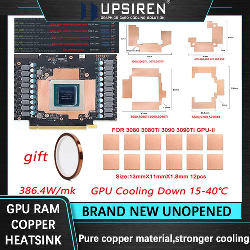 GPU显存铜散热片,适用于散热器内存挖矿机RTX 3060 3070 3080 3090 / 5600 5700 GPU降温15-40度散热垫