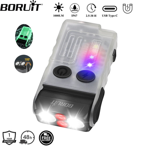 BORUiT V20 Buzzer EDC LED Keychain Flashlight Head Swivels Type-C Rechargeable Work Light Torch with Magnet Camping Lantern