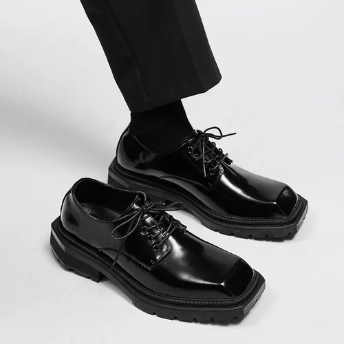 New square head Leather Shoes women Casual Men Formal Dress Thick Bottom Loafers Lace-up Black British Business Work Shoes 44