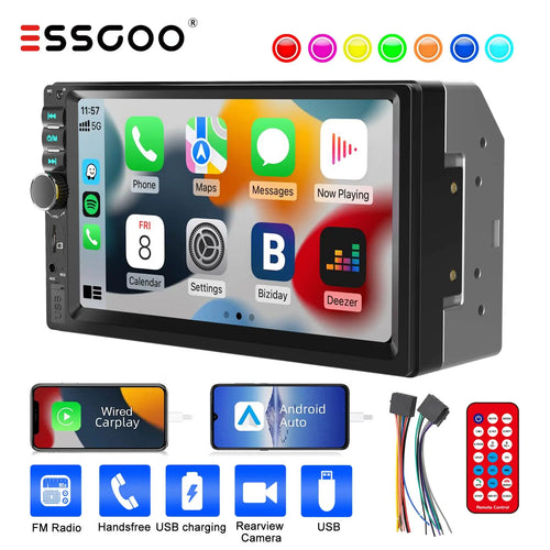 ESSGOO 7英寸Carplay/Android Auto 双2 DIN车载立体声主机收音机 AUX FM USB 多媒体MP5播放器