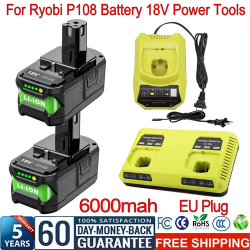 适用于RYOBI 18V锂离子电池替换件,容量6000mAh,兼容Ryobi P108 P107 P108 RB18L50 RB18L20电动工具充电电池和充电器。