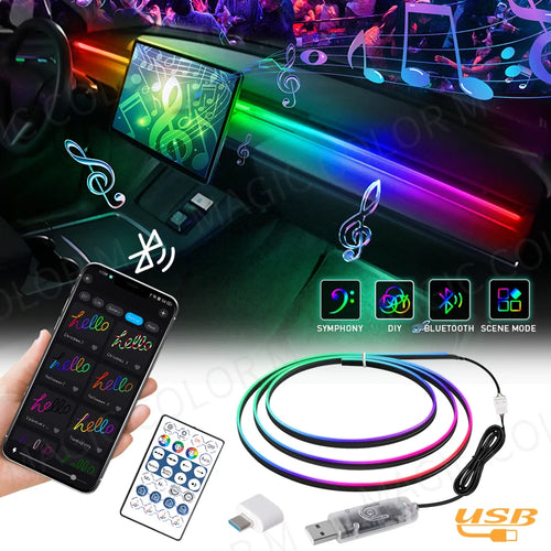 For Tesla Model 3 Y S X 2in1 Interior LED Ambient Lights USB APP Control Remote Universal Acrylic Symphony RGB Atmosphere Lamp