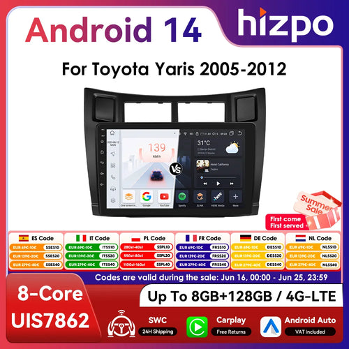 Hizpo 2Din 9英寸 CarPlay Android Auto 丰田雅力士 2005-2012 汽车收音机 导航GPS RDS DSP BT 4G SWC UI7862 主机