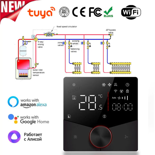 2/4 pipe wifi thermostat central air conditioning 3-speed fan coil rotating temperature adjustment voice TUYA Alexa 24V