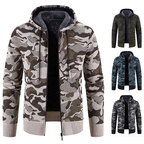 Men Winter Hoodies Knit Sweater Coat Zip Up Camouflage Jacket Y2K Sweatshirts Fleece Zipper Open Overcoat Hombre Clothing