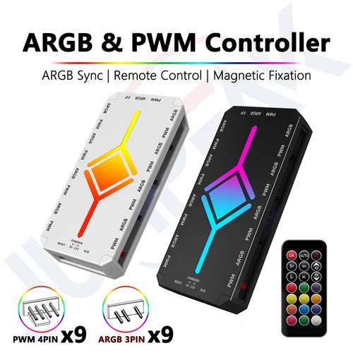 JUMPEAK 5V 3针 ARGB 风扇集线器分路器带4针 PWM 遥控器,适用于 PC 电脑散热同步 CPU 散热器 LED 灯条