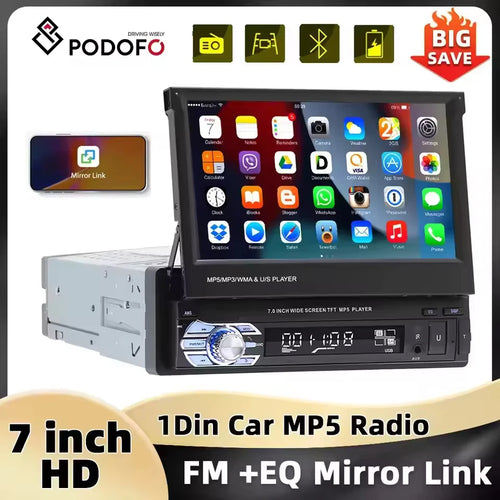 Podofo 1Din MP5播放器 镜像链接多媒体播放器 蓝牙FM USB EQ 四核 7英寸可伸缩触摸屏车载收音机