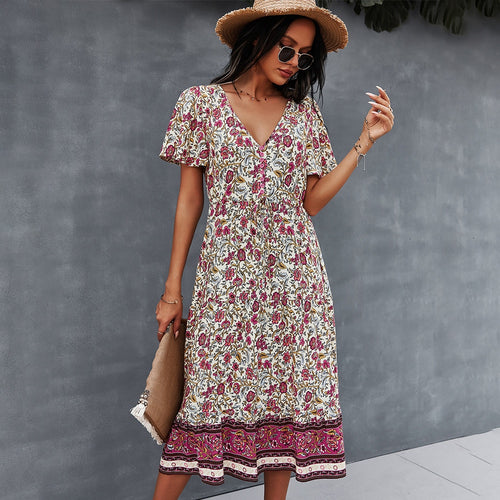 Deep V-Neck Summer Dress 2021 Beach Boho Floral Print Vintage Button Dresses Women Casual Loose A-Line Midi Long Elegant Robe