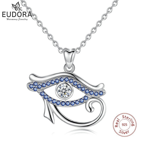 EUDORA 925纯银蓝水晶古埃及荷鲁斯之眼吊坠项链幸运眼精品首饰生日礼物 D341