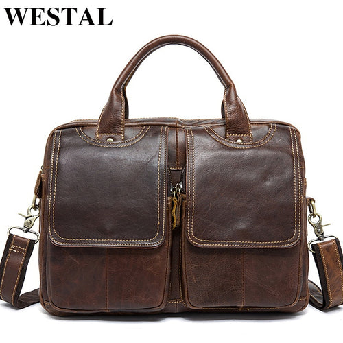WESTAL Men's Bag Genuine Leather Men's Briefcases Laptop Bag Leather Totes for Document Office Bags for Men Messenger Bags 8002