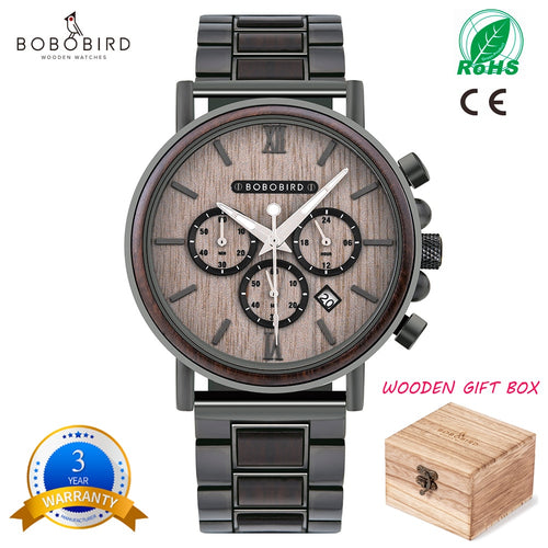 BOBO BIRD Luxury Stainless Steel Wood Watch Men Stylish Timepieces Chronograph Waterproof Watches Valentine' Days Gifts for Him