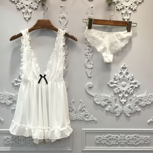 Lisacmvpnel Net Yarn Sexy Women Nightgown+Pantie Set Deep V Lace Women Sleepwear