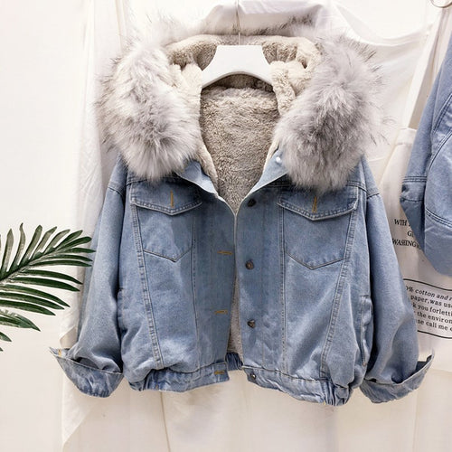 The Winter Velvet | Faux Fur Collar Korean Denim Coat
