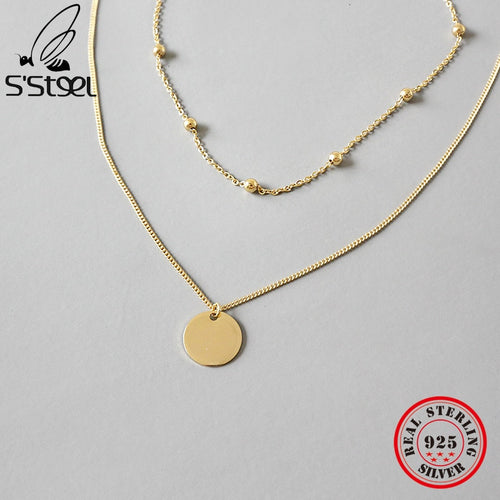 S'STEEL Sterling Silver 925 Necklace For Women Round Pendant Beads Chain Layered Choker Colgantes Mujer Moda Fine Jewelry Gift