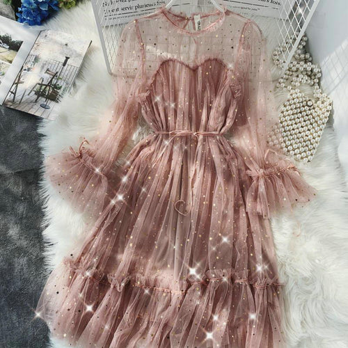 The Stardust Shift | O-Neck Sequined Mesh Evening Mini Dress