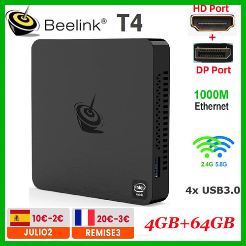 Beelink T4 Mini PC BT4 Intel Atom X5 Z8500 Quad Core Windows 10 4K HTPC with 4GB RAM 64GB ROM Dual Wifi BT4.0 1000M LAN USB3.0