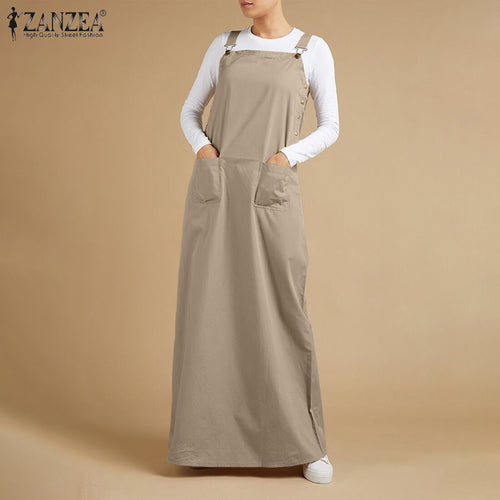 ZANZEA 2022 Women's Summer Sundress Elegant Overalls Dress Solid Suspenders Vestidos Female Square Neck Buckle Robe 7