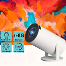 UK Stock White HY300 Smart Projector Android 11.0 H713 Chip WiFi6 Portable Mini Projector 180° Rotatable Bracket 1GB+8GB Home Theater Cinema English Plug 100-240V