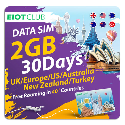 EIOTCLUB 欧洲预付SIM卡 - 2GB 30天，覆盖40多个国家，包括美国、欧洲、澳大利亚、新西兰、土耳其
