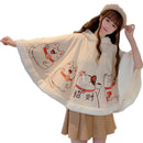 2021 Spring Autumn Cloak Harajuku Kawaii Ears Hooded Outwear Japanese Lucky Cat Fleece Cape Loose Pullover Batwing Sleeve Top