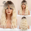 BLONDE UNICORN Long Wavy Synthetic Hair Wigs Brown Root Ombre Platinum Women Natural Wig Hair with Bangs Heat Resistant Fiber