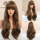 BLONDE UNICORN Long Wavy Synthetic Hair Wigs Brown Root Ombre Platinum Women Natural Wig Hair with Bangs Heat Resistant Fiber