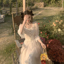 2022春季蕾丝甜美优雅连衣裙 女士晚会派对连衣裙 韩式可爱短袖连衣裙 女式方领