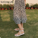 SUOJIALUN New Fashion Women Sandals Flat Heel Narrow Band Back Strap Summer Gladiator Shoes Ladies Casual Summer Beach Slides