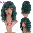 Curly Bob Wig With Bangs Synthetic Red Burgundy Pink Blonde Purple Wig Cosplay Short Bob Natural Wavy Hair Wigs For Women Msholy