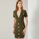 HarleyFashion New Design 2023 Summer Sheath Knit V-neck Short Sleeve Black Hole Mini Casual Quality Straight Elastic Dress
