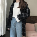 新款夏季宽松落肩长袖翻领格子口袋衬衫女