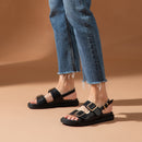 BeauToday Sandals Women Genuine Cow Leather Metal Detailed Ankle Buckle Strap Summer Beach Ladies Low Heel Shoes Handmade 38128