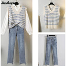 Women's Spring Autumn Fashion 3 Pieces Outfits 2023 Student Korean Casual Shirts+Sweater Vest+Straight Jeans Set Lady Streetwear
