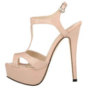 2026 New Women Sandals 14cm Sexy T-Strap Peep Toe Platform Summer Red Wedding Shoes Patent Leather Thin High Heels Big Size 44