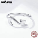 WOSTU 925 Sterling Silver Sticky Cat with Long Tail Finger Ring For Women Adjustable S925 Silver Ring Jewelry Gift CQR220