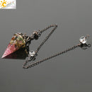 CSJA Reiki Natural Chip Stone Pendulum Antique Copper Chain Hexagon Cone Resin Pendant for Dowsing Divination Wicca Pendule G321