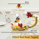 红玫瑰珐琅水晶花玻璃茶壶，适用于冷热饮品，家用饮具，办公室水壶，茶具，咖啡壶