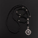 6mm Classic Vintage Black Long Natural Stone Round Beaded Necklace for Men with Compass Pendant Jewelry Gift