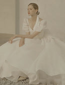 2022 Korea Style Sweetheart Puffy Sleeve Organza A-Line Backless Simple Lace-Up Wedding Dress Bride Gown Vestidos De Novia