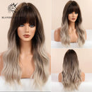 BLONDE UNICORN Long Wavy Synthetic Hair Wigs Brown Root Ombre Platinum Women Natural Wig Hair with Bangs Heat Resistant Fiber