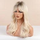 BLONDE UNICORN Long Wavy Synthetic Hair Wigs Brown Root Ombre Platinum Women Natural Wig Hair with Bangs Heat Resistant Fiber