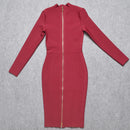 WillBeNice Vintage Office Lady Fuchsia Bandage Dress Fashion Women Long Sleeve Dress Bodycon Zipper Slim Elastic Luxury Dresses