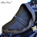 MoaaYina Fashion Designer dress Spring Autumn Women's Dress Sequin Lantern sleeve Crystal Button Velvet Dresses
