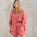 Cotton Pajamas For Women Sets Suit Casual Sleepwear Turn-Down Collar Nine Quarter Sleeve Sleep Tops Shorts Female Homewear 2023