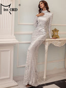 Missord Elegant Black Evening Dresses Women High Neck Long Sleeves Reflective Sequins Bodycon Maxi Party Prom Dress Formal Gown